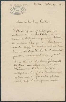 25. Oktober 1888, Dresden [Brief von Alphons Stübel an Max Uhle]