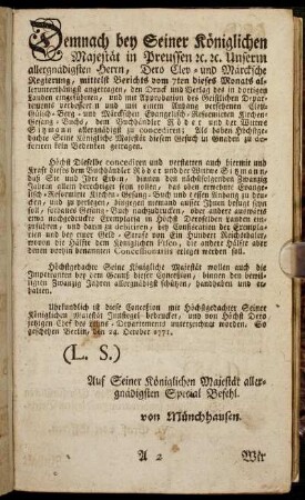 Demnach bey Seiner Königlichen Majestät in Preussen etc etc. Unserm allergnädigsten Herrn,[...]