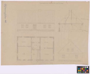 Schwirgsden [Königsgarten] (Darkeim [Landkreis Darkehmen, Angerapp]): Schimagel. [Wohnhaus] (Seiten-Ansicht, Grundriss des Erdgeschosses, Giebel-Ansicht, Querschnitt)