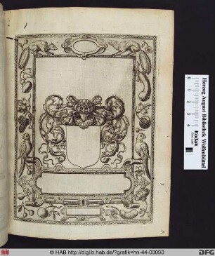 Leerer Wappenschild mit Blattwerk und Helm in einem Rahmen mit Blumen, Tieren und Früchten.