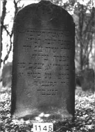 Grabstein 1145 (Index: 99899855) Material: Sandstein Zustand: angewittert Maße HxBxT: 83x56x12 cm Beschreibung: Stele mit leicht eingezogenem Schulterbogenabschluss, im Bogenfeld Blumenranken Symbolik: Blumen: Grabstein 1145