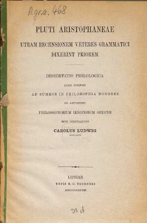 Pluti Aristophaneae utram recensionem veteres grammatici dixerint priorem