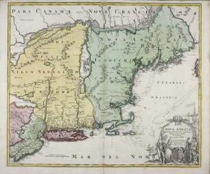 Nova Anglia : Septentrionali Americae implantata Anglorumque coloniis florentissima Geographice exhibita ; Cum Privilegio Sac. Caes. Maj.