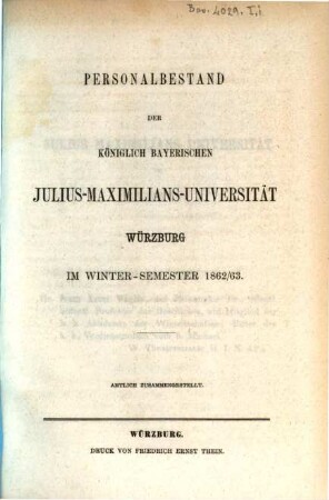 Personalbestand der Königlich-Bayerischen Julius-Maximilians-Universität Würzburg. 1862/63. WS.