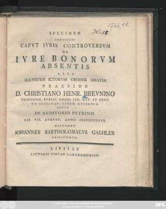 Specimen Continens Capvt Ivris Controversvm De Ivre Bonorvm Absentis