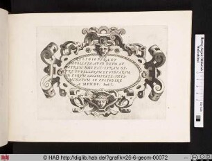 Kartusche mit Inschrift und Maskaronen.