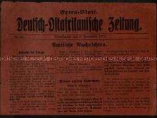 Extrablatt der Zeitung für Deutsch-Ostafrika Nr. 60 vom 6. November 1914, mit einer Schlagzeile zur Schlacht bei Tanga
