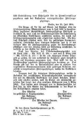 Entrichtung von Schulgeld für in Familienpflege gegebene und bei Anstalten untergebrachte Fürsorgezöglinge : [E. Öffentliches Volksschulwesen]