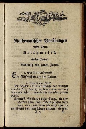Mathematische Vorübungen erster Theil, Arithmetik.