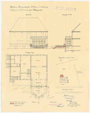 Garten des Brauereibesitzers Daum, Ortelsburg: Wohnhaus: Ansicht und Schnitt mit Wintergarten und Terrasse, Grundriss Erdgeschoss 1:100, Lageplan 1:500 (Zeichnung des Architekten)
