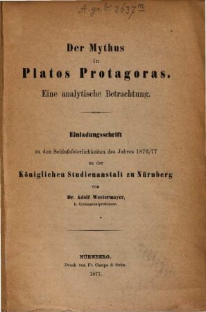 Der Mythus in Platos Protagoras : e. analyt. Betrachtung