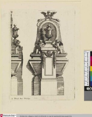[Epitaph mit einer Urne flankiert von zwei Engeln; Mausolée dont on voit la face et, à gauche, le profil, sur un fond blanc]