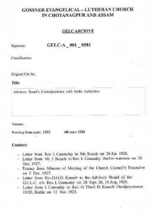 Advisory Board's Correspondence with Berlin Authorities