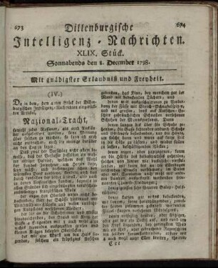 XLIX. Stück. Sonnabends den 1. December 1798.