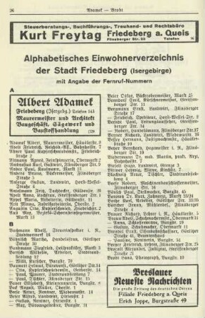Alphabetisches Einwohnerverzeichnis der Stadt Friedeberg (Isergebirge)