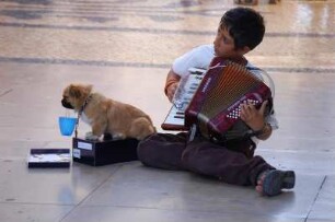 Straßenbettelei in Lissabon : Lissabon Zentrum, Fußgängerzone Rua Augusta, kleiner Bettler-Musikant mit Hund, Portugal, Sommer 2006