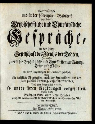 Zehendes Stück, Im Monat Octobr. 1752.