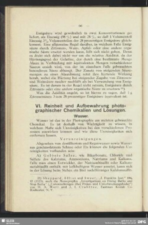 VI. Reinheit und Aufbewahrung photographischer Chemikalien und Lösungen