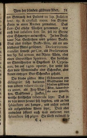Schmertzen am Mastdarme der blinden güldnen Ader, hæmorrhoides cæcæ genan[n]t.