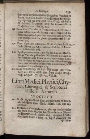 Libri Medici, Physici, Chymici, Chirurgici, & Scriptores Historiæ Naturalis. In Octavo.