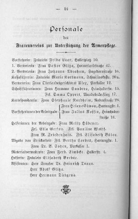Personale des Frauenvereins zur Unterstützung der Armenpflege.