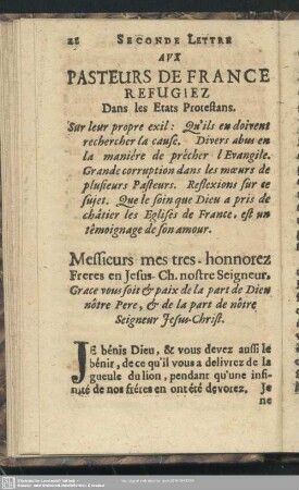 Seconde Lettre Aux Pasteurs De Fance Refugiez Dans les Etats Protestans