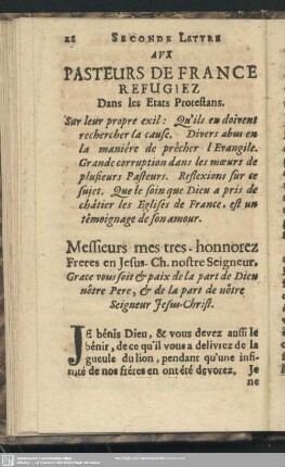 Seconde Lettre Aux Pasteurs De Fance Refugiez Dans les Etats Protestans