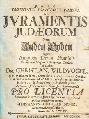 Dissertatio inavgvralis jvridica de jvramentis Judaeorum : = Vom Juden Eyden