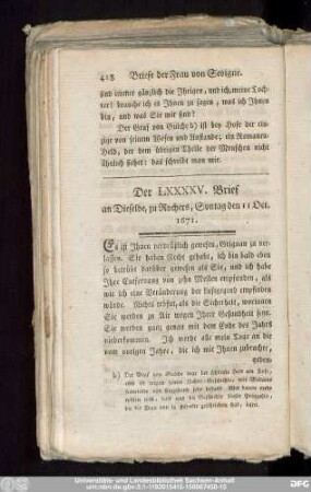 Der LXXXXV. Brief an Dieselbe, zu Rochers, Sontag den 11 Oct. 1671.