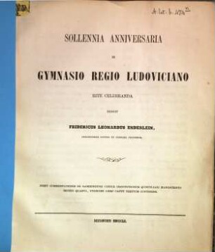 Solennia anniversaria in Gymnasio Regio Ludoviciano rite celebranda indicit. 1852