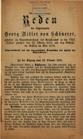 Reden des Abgeordneten Georg Ritter von Schönerer, gehalten im Abgeordnetenhause des Reichsrathes in der VIII. Session zwischen dem .... 6