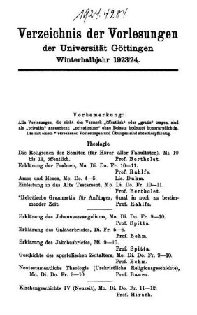 Verzeichnis der Vorlesungen der Universität Göttingen Winterhalbjahr 1923/24