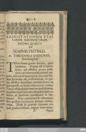 Decima Quarta. De Semivirtutibus. R. Theodoro Dassovio, Hamburgensi.