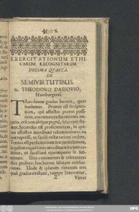Decima Quarta. De Semivirtutibus. R. Theodoro Dassovio, Hamburgensi.