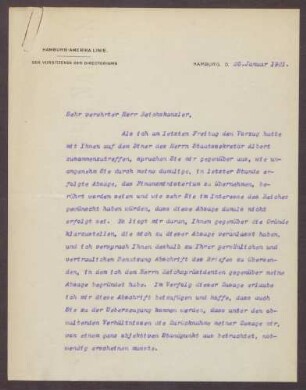 Schreiben von Wilhelm Cuno an Constantin Fehrenbach, Begründung für die Absage bzgl. der Übernahme des Finanzministeriums