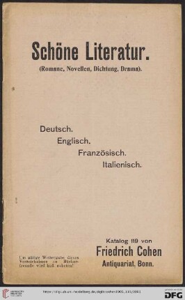 Nr. 119: Antiquariatskatalog: Schöne Literatur : Romane, Novellen, Dichtung, Drama : Deutsch, Englisch, Französisch, Italienisch