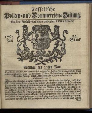 20. Stueck, Montag den 20ten May 1765