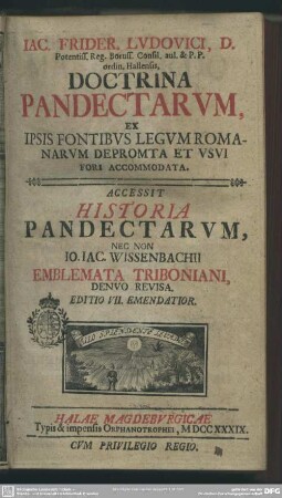 Jac. Friderici Ludovici, D. ... Doctrina Pandectarum, Ex Ipsis Fontibus Legum Romanarum Depromta Et Usui Fori Accommodata