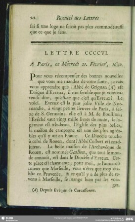 Lettre CCCCVI. A Paris, ce Mécredi 21. Février, 1680