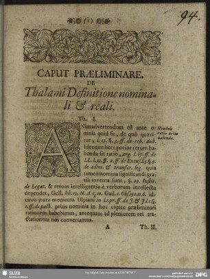 Caput Praeliminare. De Thalami Definitione nominali & reali