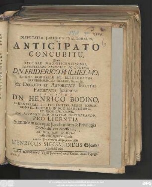 Disputatio Juridica Inauguralis, De Anticipato Concubitu