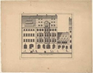 Das Haus des Bürgermeisters Gottfried Lange in Leipzig (Bürgermeister von 1719 bis 1743), Fassade mit Staffage, Blatt 14 aus einer Reihe Leipziger Wohnhäuser und Palais’