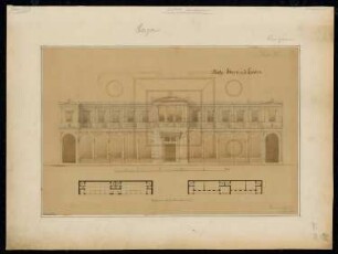 Basar Monatskonkurrenz Juni 1868: Grundriss Erdgeschoss, Obergeschoss, Aufriss Vorderansicht; 2 Maßstabsleisten