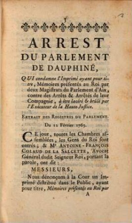 Arrest Du Parlement De Dauphiné : Du 12. Février 1763.