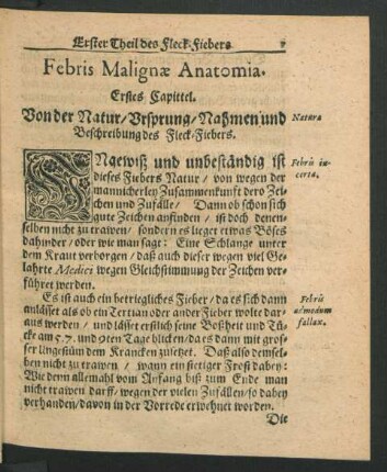 Erstes Capittel. Von der Natur/ Ursprung/ Nahmen und Beschreibung des Fleck-Fiebers.