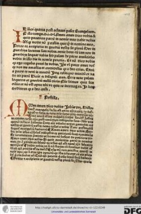 Postilla. Amen amen... Ante initium illius evangelii scribit sanctus Iohannes in eodem capitulo quod Christus post cenam dixit discipulis suis Nunc vos quidem...
