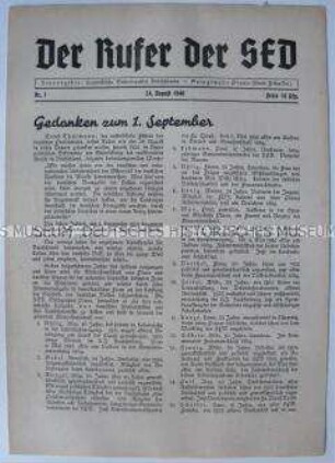 Mitteilungsblatt der SED-Ortsgruppe Plaue zum Gedenken an den Beginn des 2. Weltkrieges