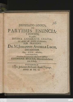 Disputatio Logica, De Partibus Enunciationum