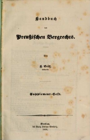 Handbuch des Preussischen Bergrechts, Supplementheft