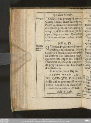 Caput Tertium. De Quinque Praeceptis Ecclesiae communibus omnibus beneficium Ecclesiasticum habentibus & Clericis in sacris.